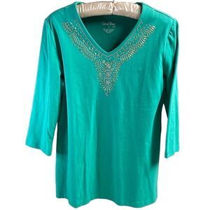 Coral Bay Embellished Blouse Top Vneck, Green , Size Small